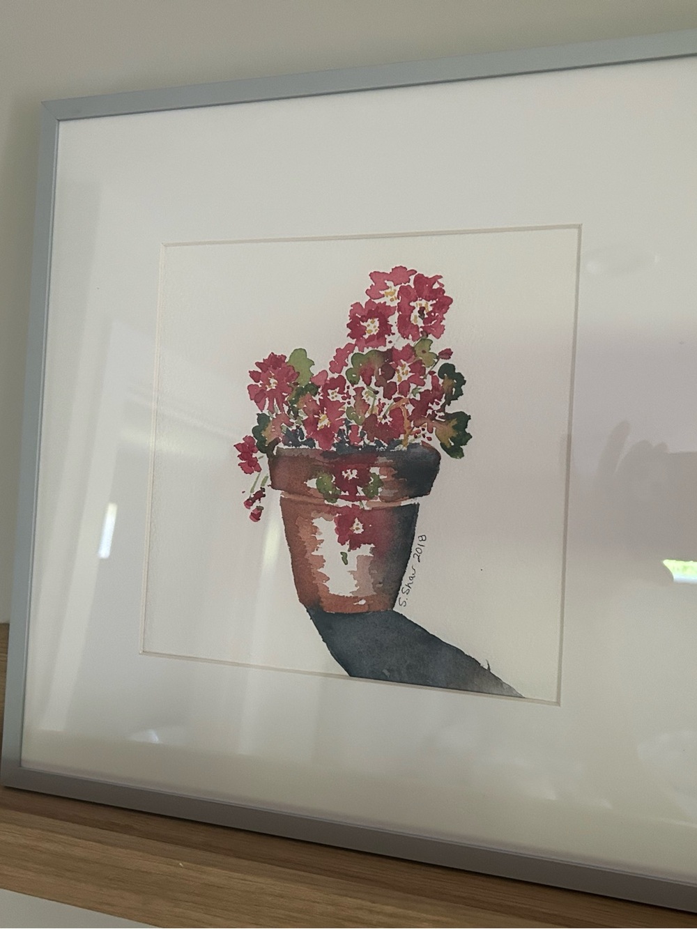 ORIGINAL signed and Framed Pink Floral Pot Watercolor Art Print
